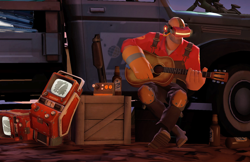 Screenshot of an in-game TF2 soldier playing a guitar