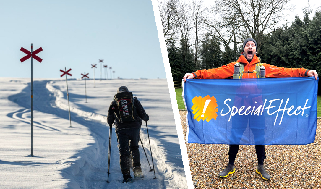 Man walking through arctic wilderness and man holding SpecialEffect banner